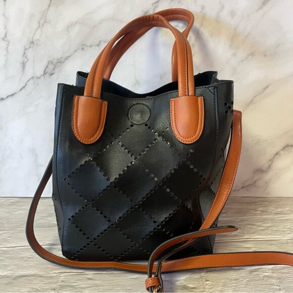 NWOT Louenhide Baby Bermuda Two Tone Black & Whisky Tote Bag Vegan Leather - Picture 3 of 16